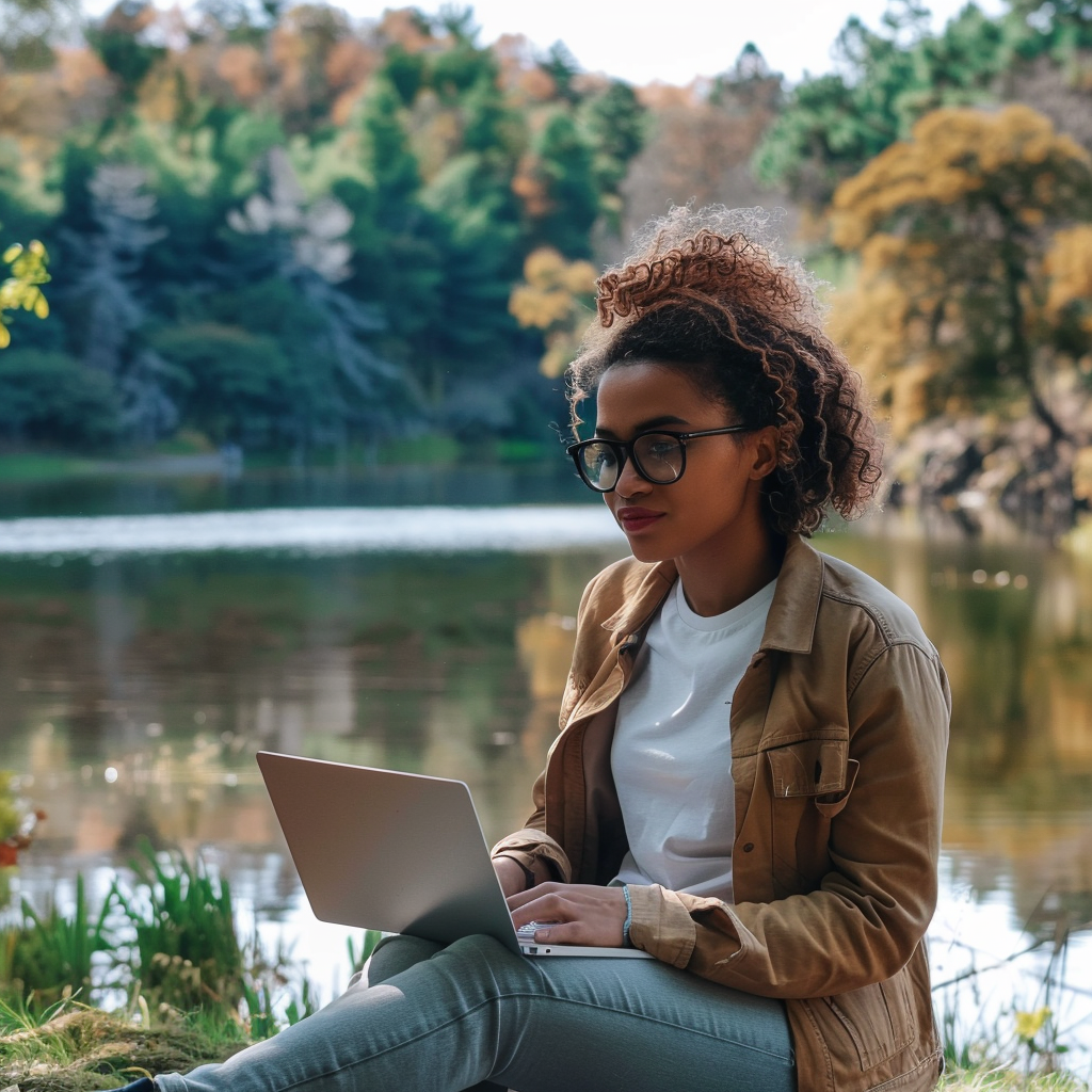 dyanaxyz_create_a_image_of_a_brown_woman_sitting_near_a_lake_on_e39c8d0c-42d7-4eca-aaed-777bdf4eeefe